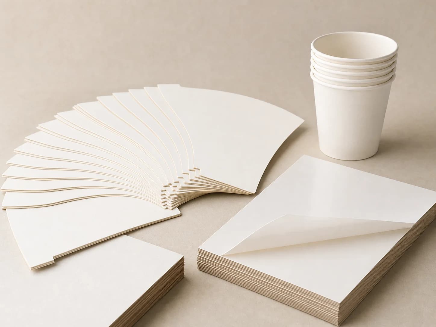 AI-generated representative visual of paper cup fan blanks and coated cupstock pieces