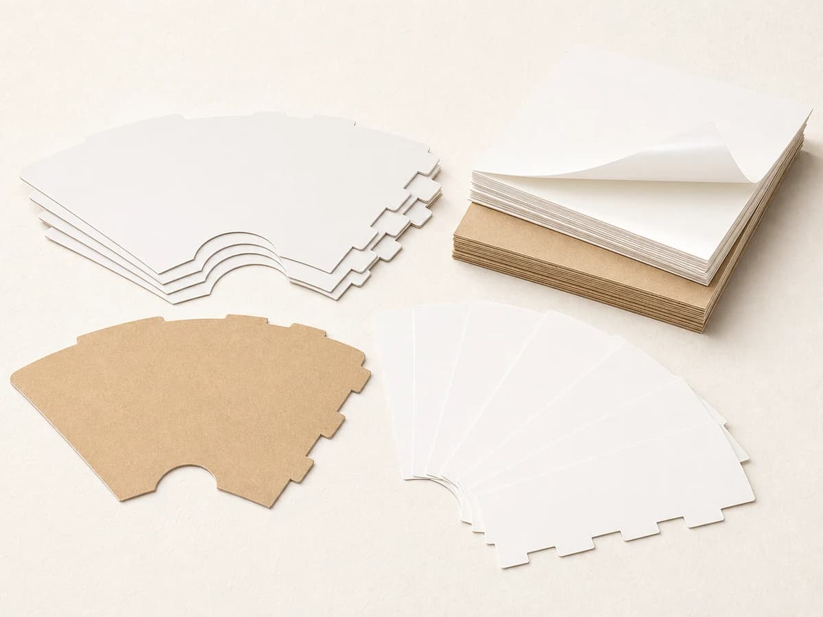AI-generated representative visual of paper cup fan blanks and coated cupstock pieces