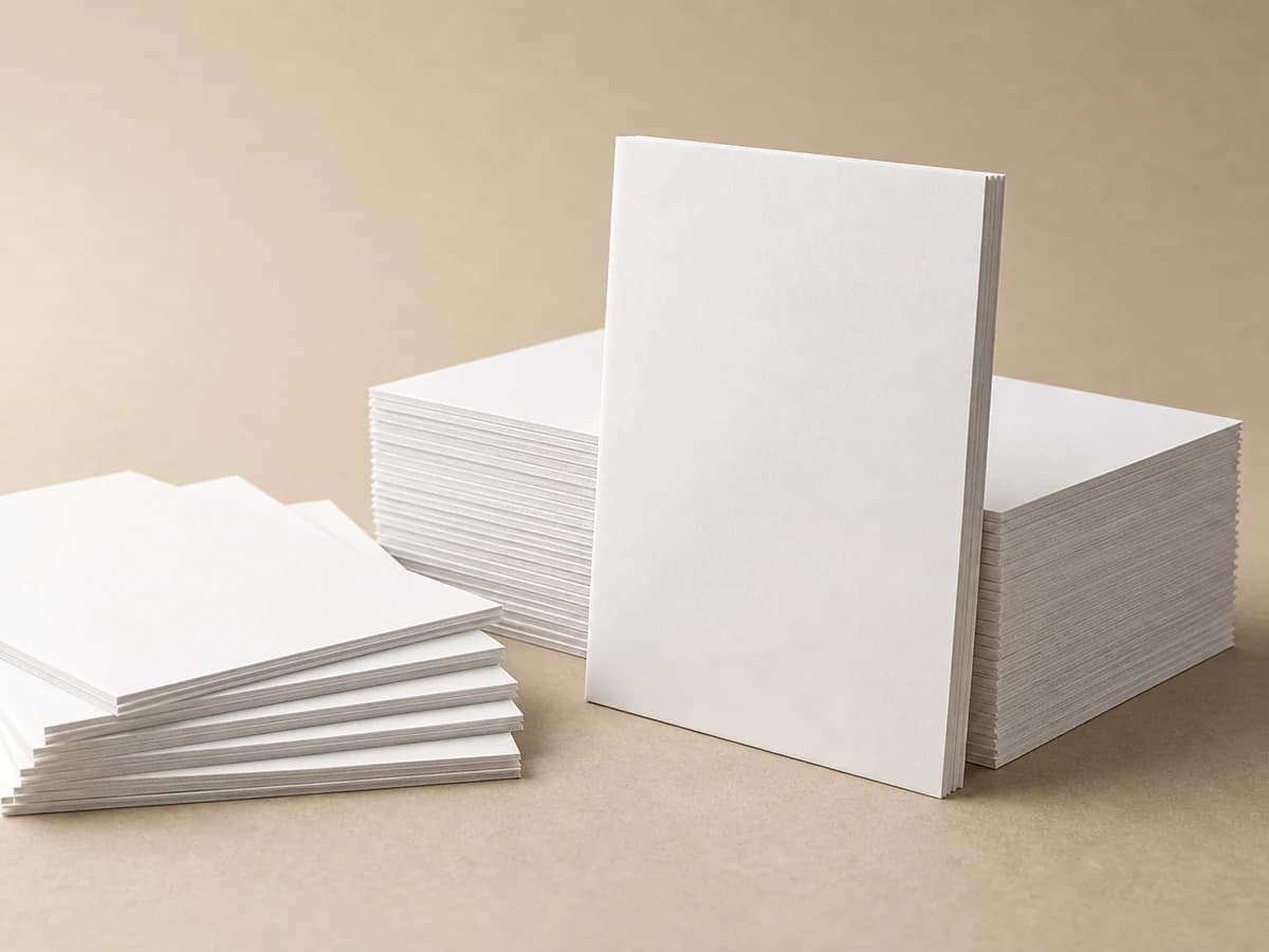 AI-generated representative visual of white cardboard stacks and sample sheets