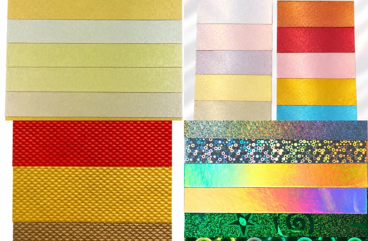 Specialty paper swatches across metallic, pearlescent, textured and holographic surfaces
