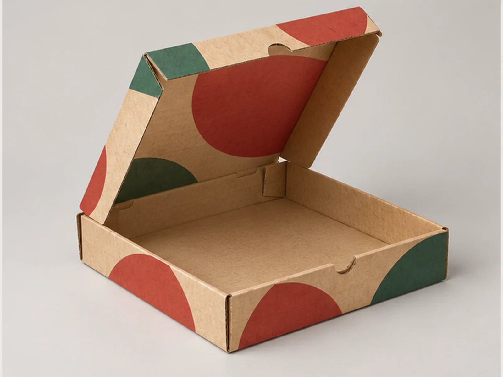 Custom printed pizza box with abstract pattern in open 45-degree view