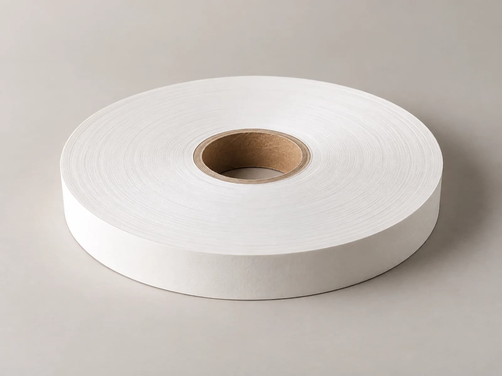 Narrow white paper bottom roll with closely wound edges