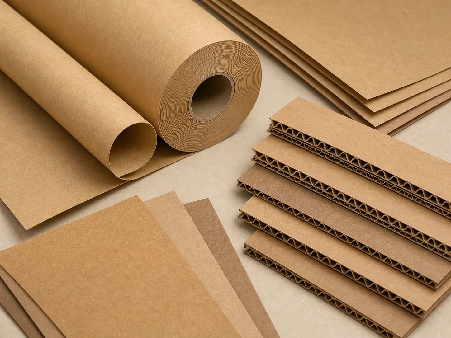 AI-generated representative visual of kraft paper roll and sheet materials
