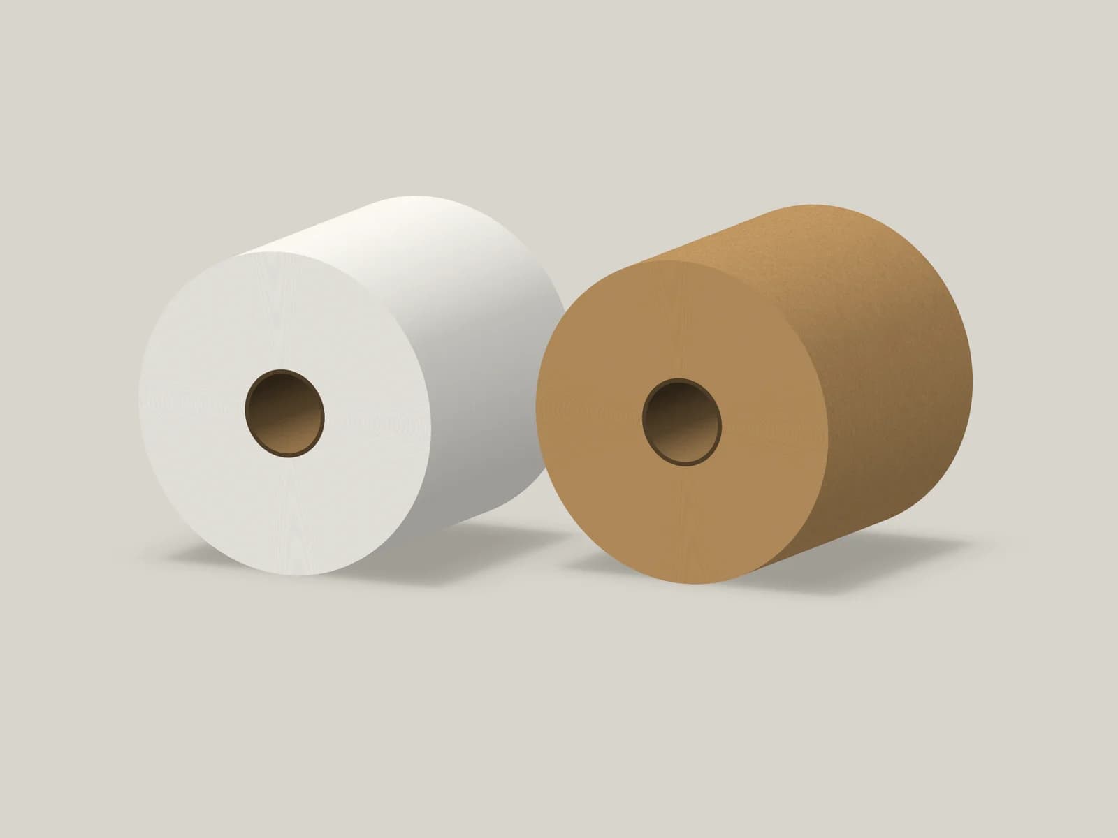 Side view of white and kraft paper rolls with cardboard cores